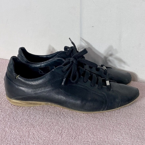 BOSS Hugo Boss Black Leather Low Top Trainers Sneakers 41 - Picture 2 of 15